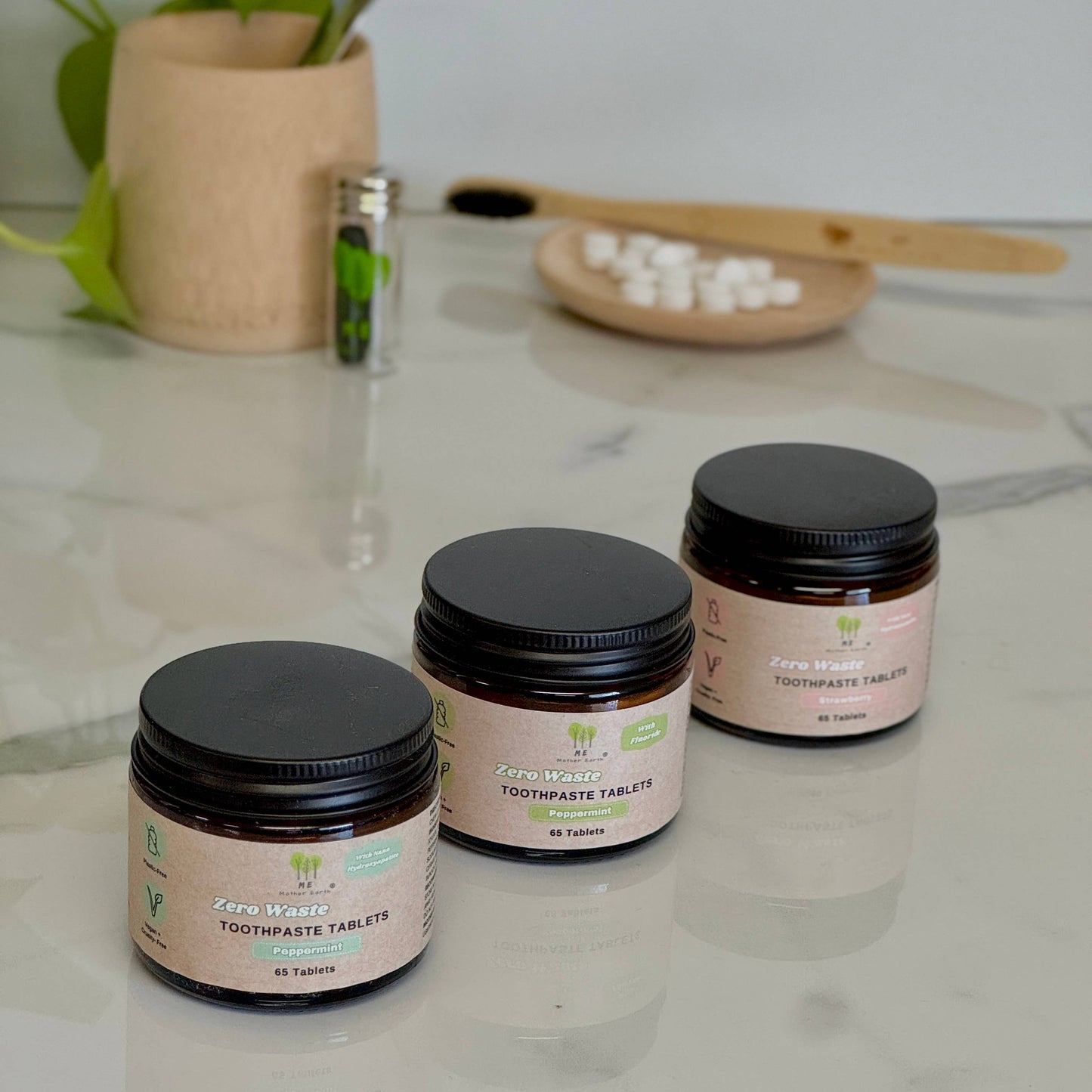 Zero Waste Toothpaste Tablets in Refillable Amber Glass Jars